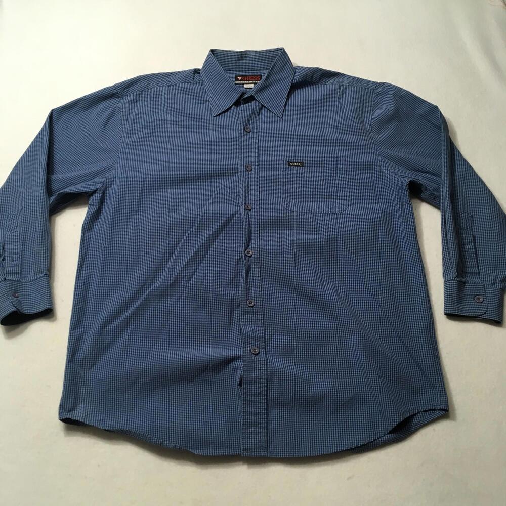 VTG Guess Jeans USA Button Up Shirt Men's LARGE BLUE CHECK Geometric